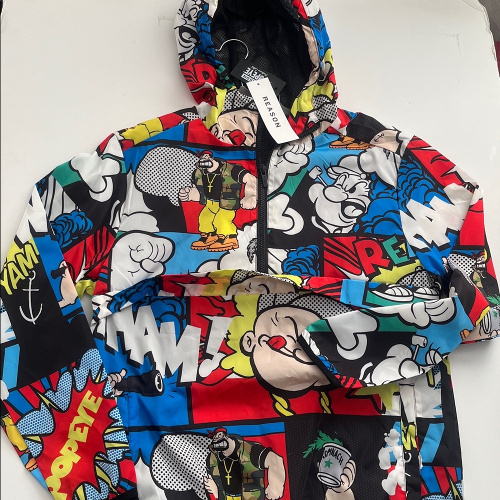 Reason Popeye Multicolor Graphic Jacket All Over Comic print Rain Windbreaker